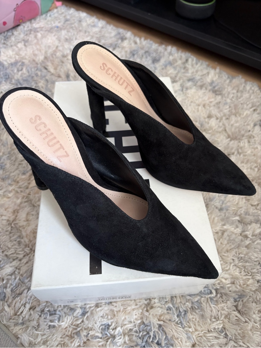 SCHUTZ Black Pointed Suede V-Cut Mule Heels